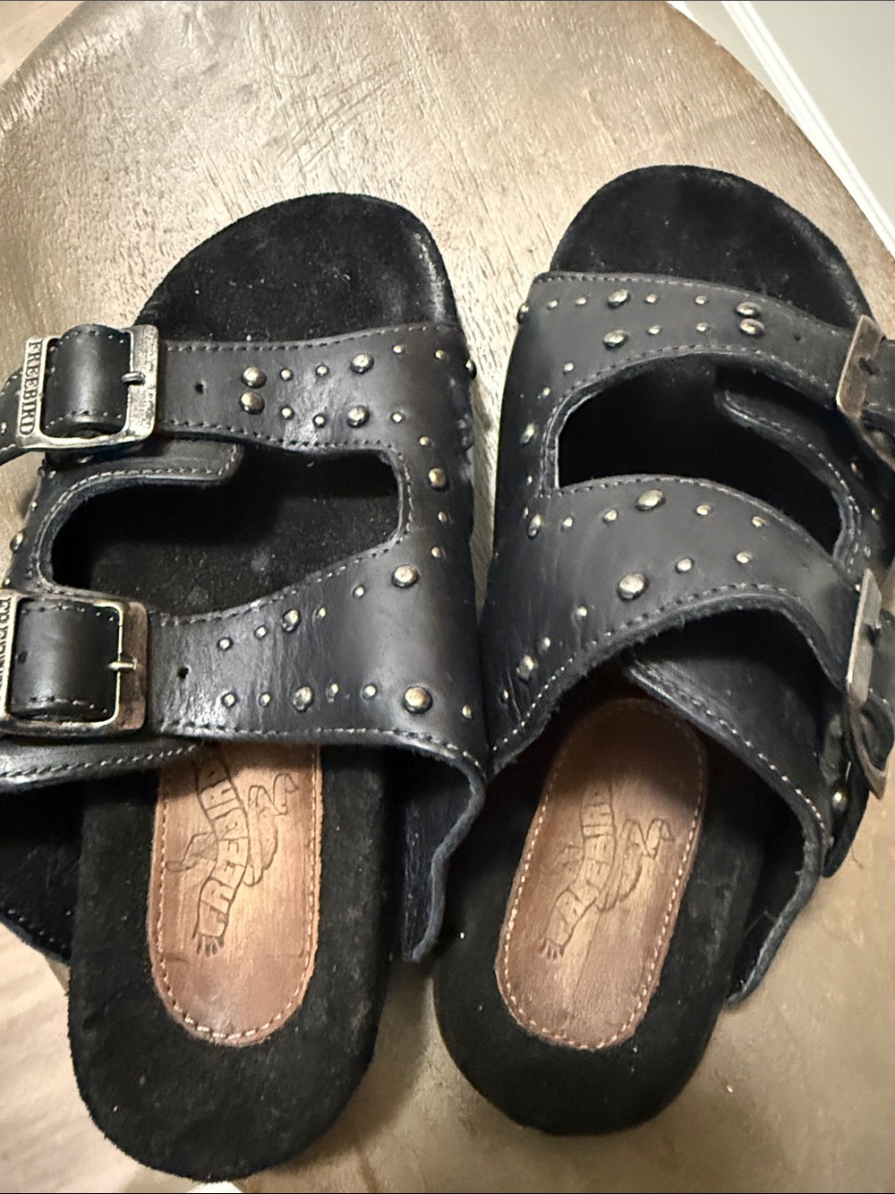 freebird Black Studded Double-Buckle Women's Slide Sandals